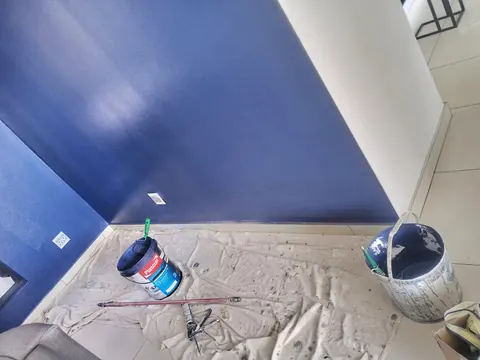 Navy feature wall in an apartment, with paint tins on drop sheets